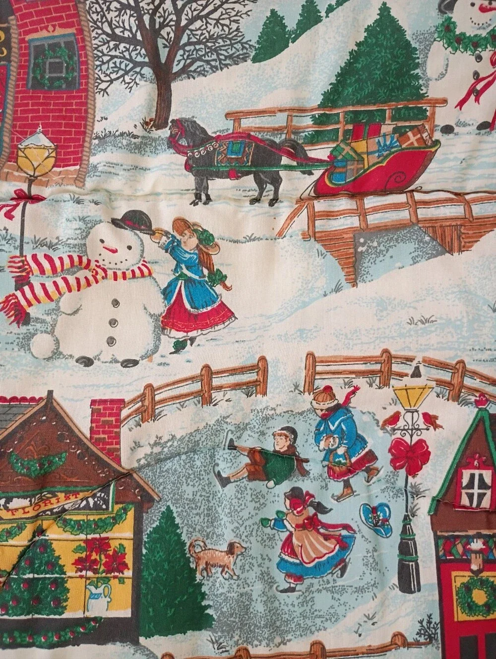 Vintage JC Penney Christmas Village Holiday Winter Fest Quilt Twin Comforter 80s